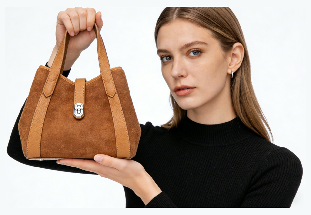 Bulk Customizable Luxury Suede Leather Handbag | Premium Tote with Silver-Tone Lock Clasp – Factory Direct for Brand Customization 8108-29#