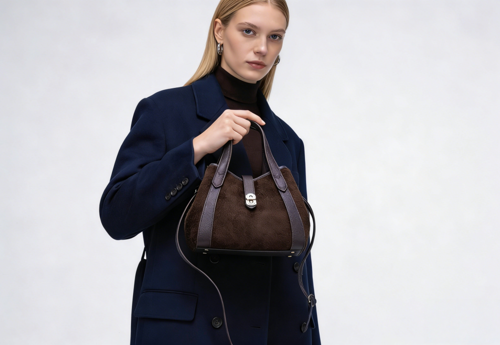 Bulk Customizable Luxury Suede Leather Handbag | Premium Tote with Silver-Tone Lock Clasp – Factory Direct for Brand Customization 8108-29#