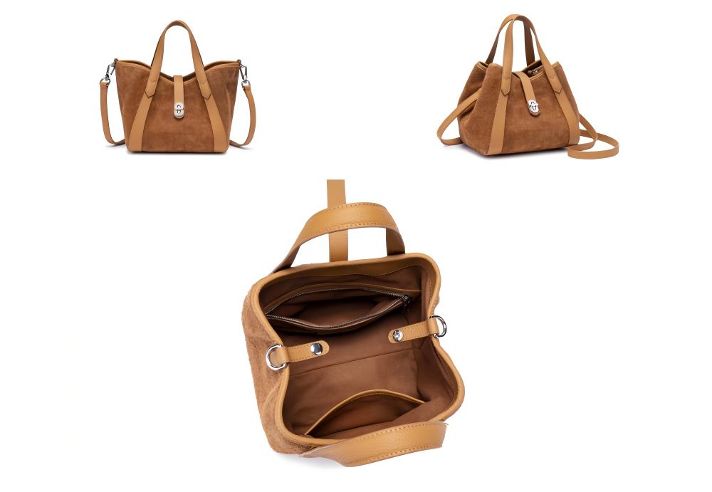 Bulk Customizable Luxury Suede Leather Handbag | Premium Tote with Silver-Tone Lock Clasp – Factory Direct for Brand Customization 8108-29#