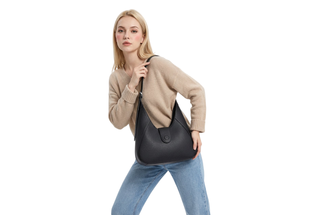 Minimalist Black Leather Hobo Bag | Premium Pebbled Leather Shoulder Bag for Everyday Use 8180-31#