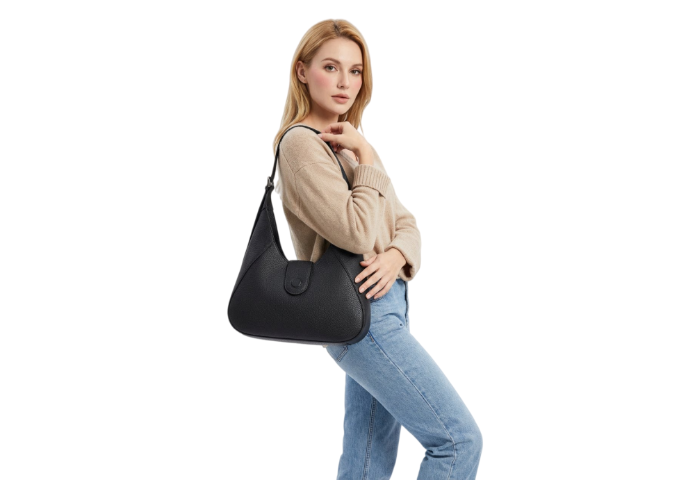 Minimalist Black Leather Hobo Bag | Premium Pebbled Leather Shoulder Bag for Everyday Use 8180-31#