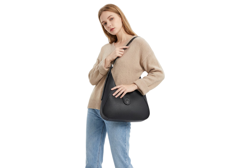 Minimalist Black Leather Hobo Bag | Premium Pebbled Leather Shoulder Bag for Everyday Use 8180-31#