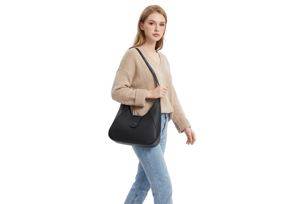 Minimalist Black Leather Hobo Bag | Premium Pebbled Leather Shoulder Bag for Everyday Use 8180-31#