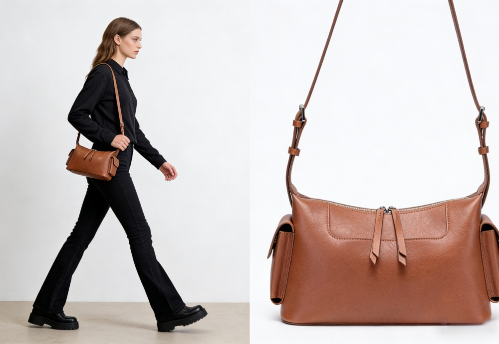 Genuine Leather Crossbody Bag for Women - Minimalist Shoulder Bag with Side Pockets 8108-32#
