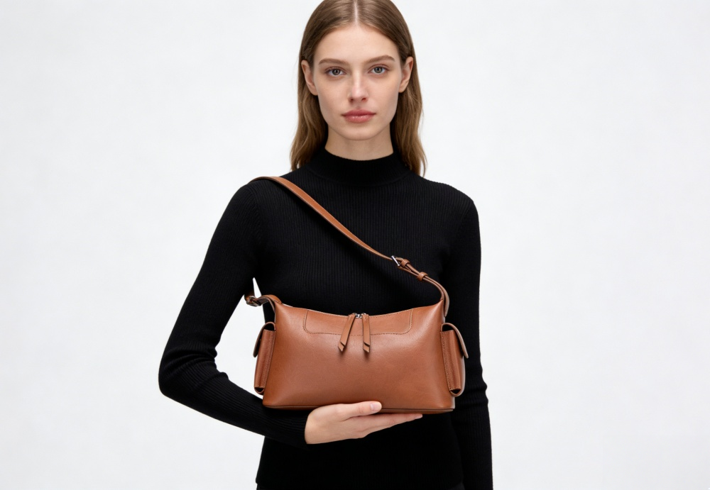 Genuine Leather Crossbody Bag for Women - Minimalist Shoulder Bag with Side Pockets 8108-32#