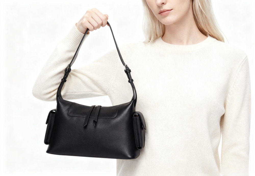 Genuine Leather Crossbody Bag for Women - Minimalist Shoulder Bag with Side Pockets 8108-32#