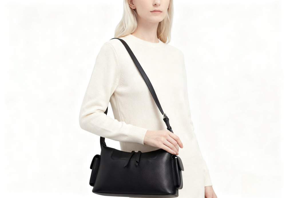 Genuine Leather Crossbody Bag for Women - Minimalist Shoulder Bag with Side Pockets 8108-32#
