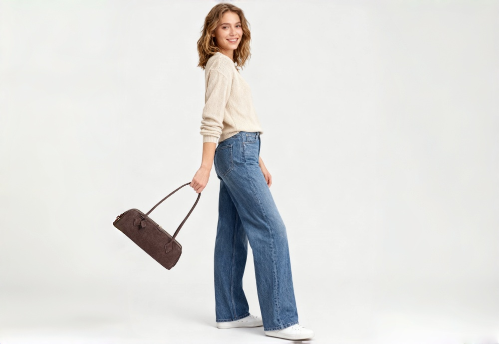 Genuine Leather Suede Retro Baguette Shoulder Bag - Soft Suede Designer-Inspired Long Handle Handbag XK001