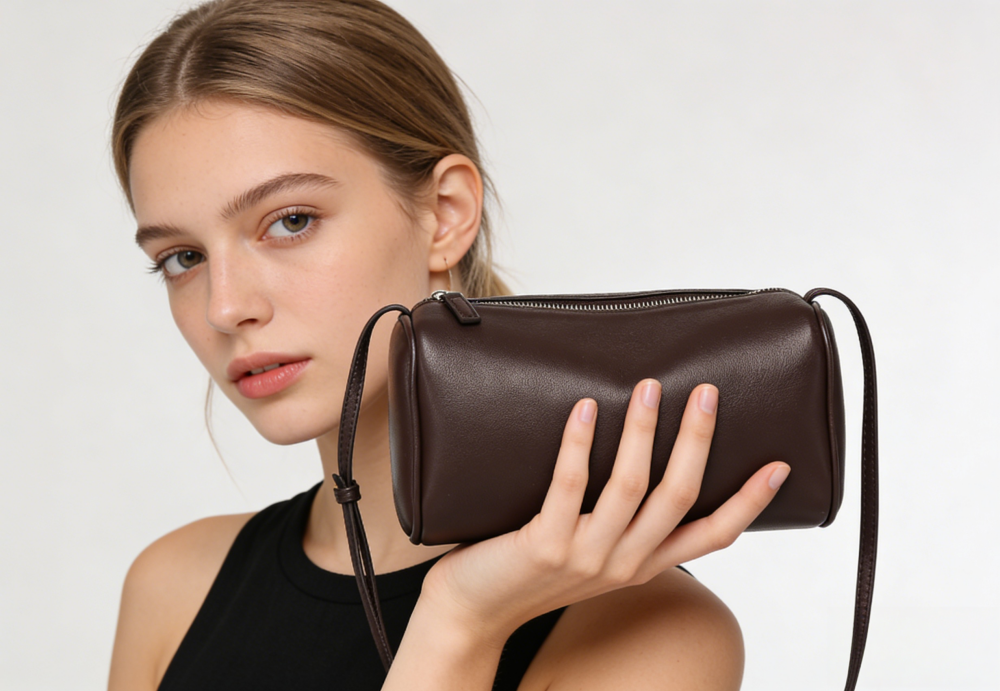 Genuine Leather Barrel Crossbody Bag - Premium Pebbled Leather Small Cylinder Shoulder Handbag with Adjustable Strap XK003