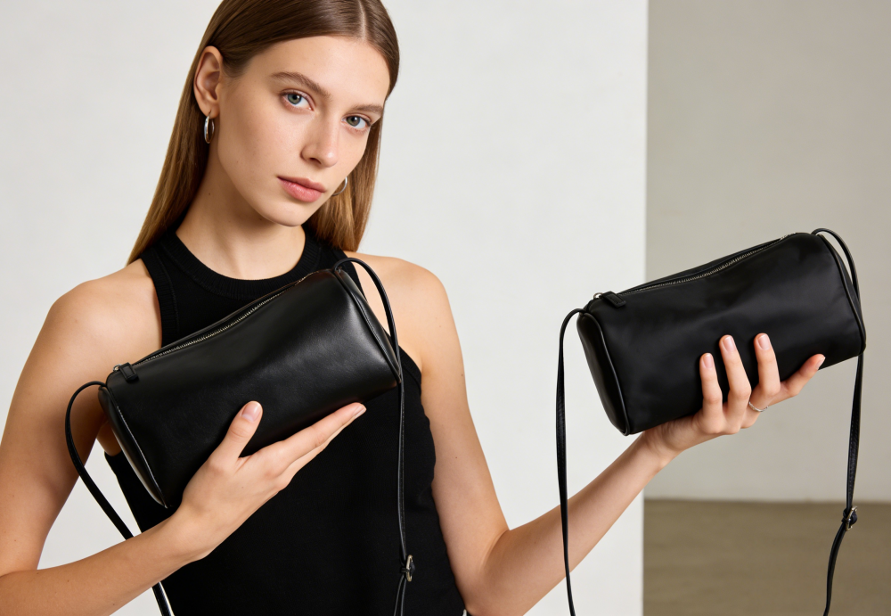 Genuine Leather Barrel Crossbody Bag - Premium Pebbled Leather Small Cylinder Shoulder Handbag with Adjustable Strap XK003