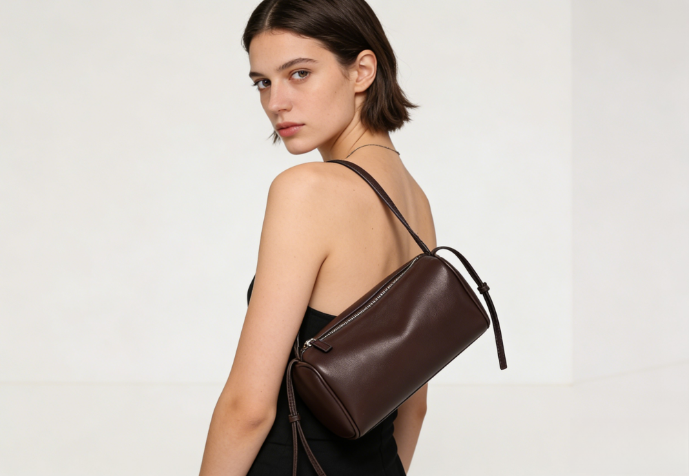 Genuine Leather Barrel Crossbody Bag - Premium Pebbled Leather Small Cylinder Shoulder Handbag with Adjustable Strap XK003