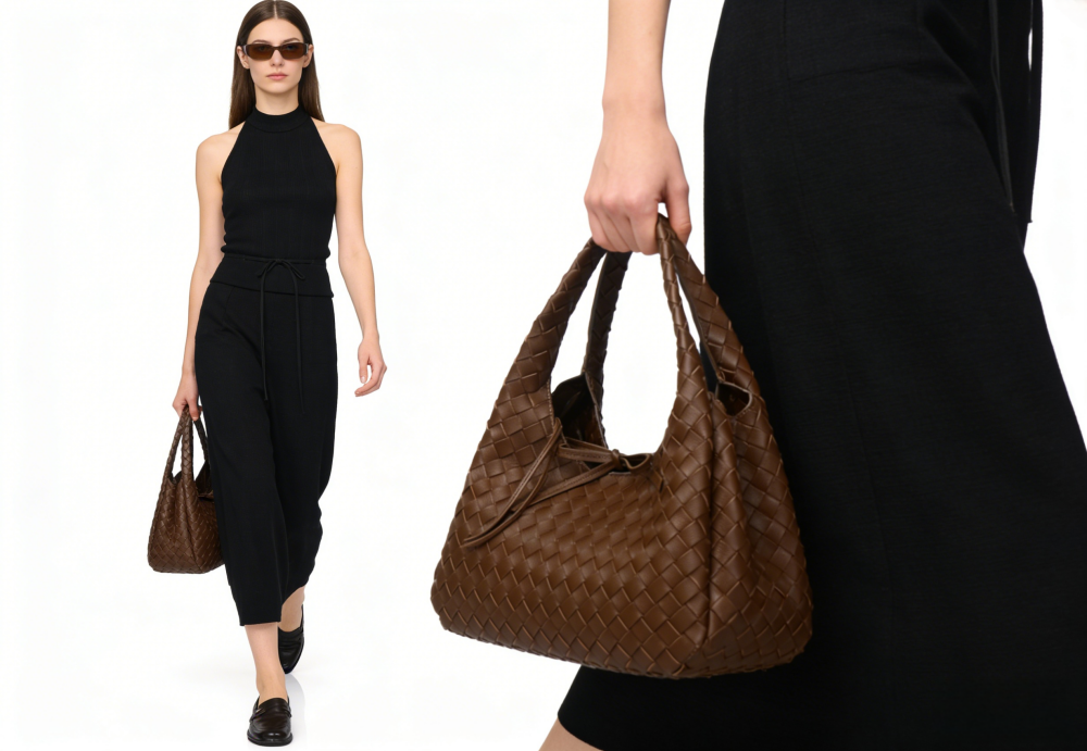 Genuine Leather Woven Hobo Tote Bag for Women - Premium Soft Woven Leather Shoulder Handbag with Matching Pouch, Designer-Inspired Large Capacity Tote Bag XK005