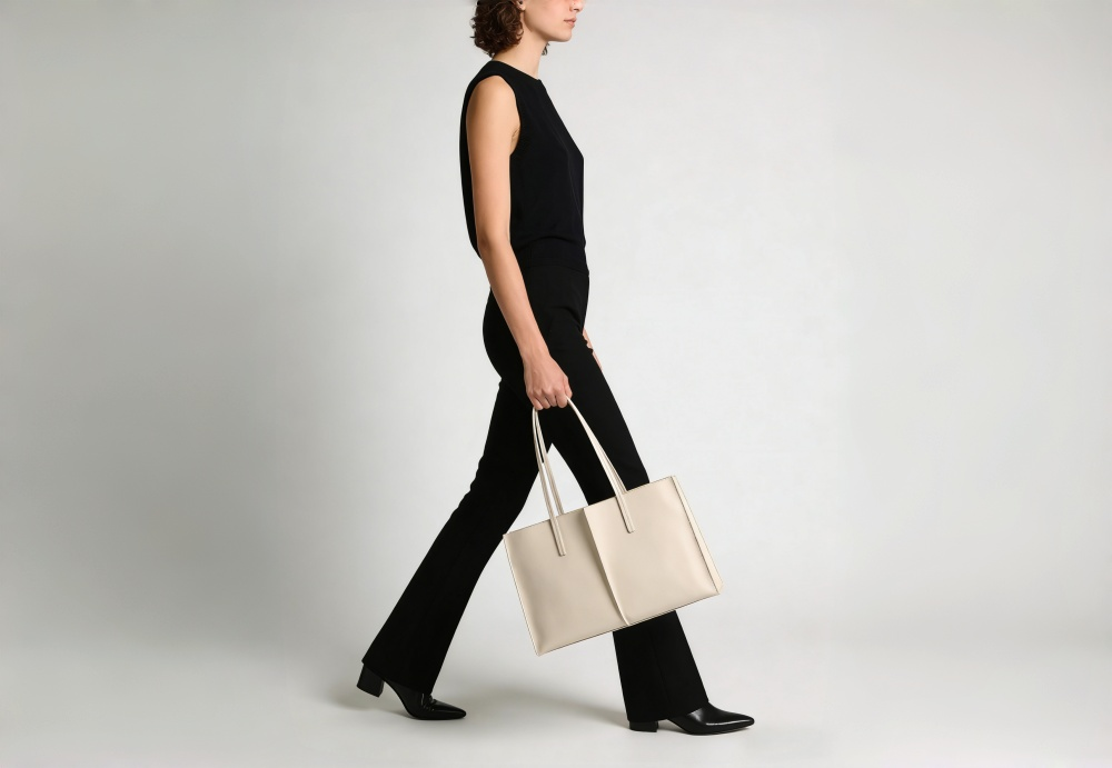 Genuine Leather Minimalist Tote Bag for Women - Premium Structured Leather Shoulder Handbag with Center Seam Design, Large Capacity Work Tote XK006