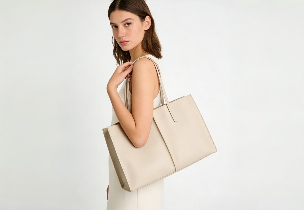 Genuine Leather Minimalist Tote Bag for Women - Premium Structured Leather Shoulder Handbag with Center Seam Design, Large Capacity Work Tote XK006