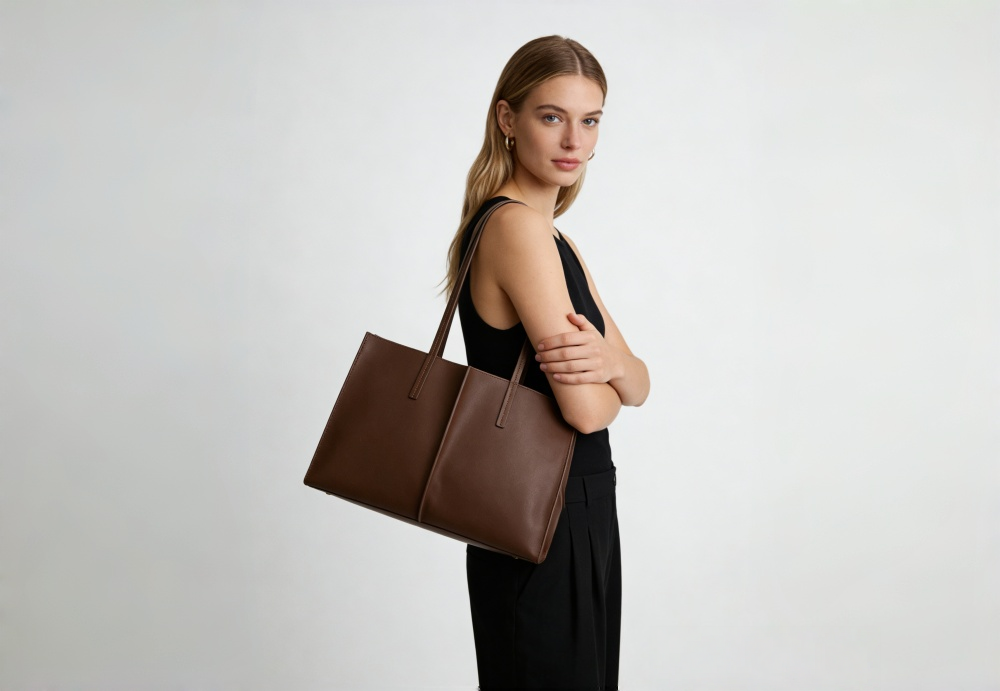 Genuine Leather Minimalist Tote Bag for Women - Premium Structured Leather Shoulder Handbag with Center Seam Design, Large Capacity Work Tote XK006