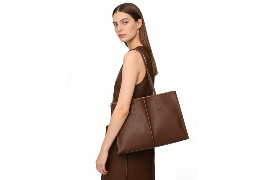 Genuine Leather Minimalist Tote Bag for Women - Premium Structured Leather Shoulder Handbag with Center Seam Design, Large Capacity Work Tote XK006