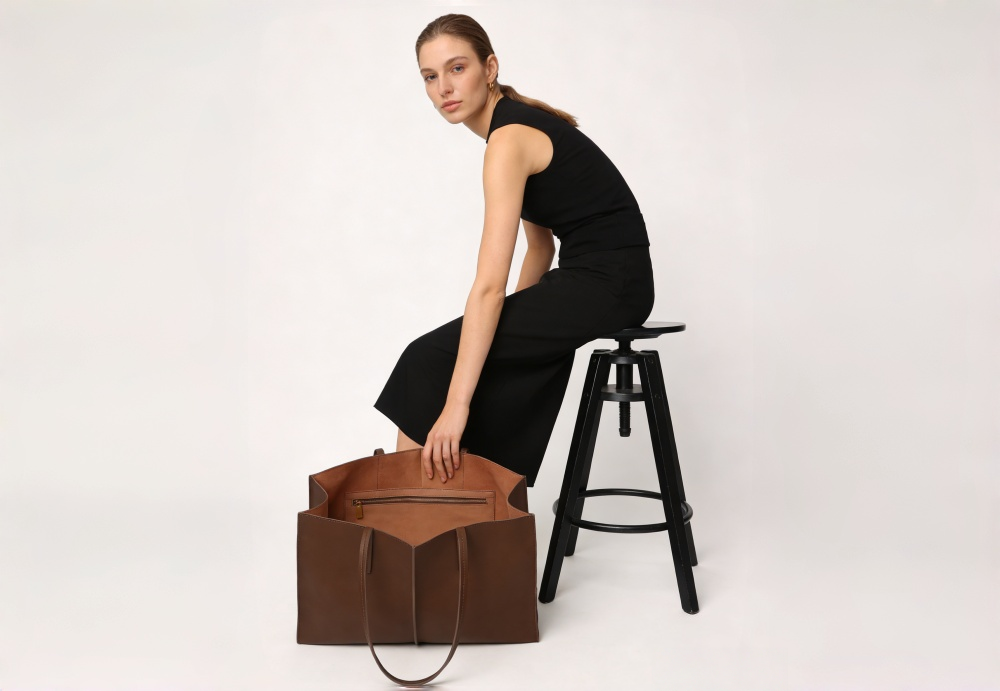 Genuine Leather Minimalist Tote Bag for Women - Premium Structured Leather Shoulder Handbag with Center Seam Design, Large Capacity Work Tote XK006