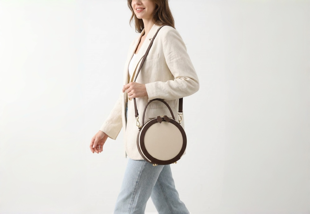 Women's Vintage Two Tone Round Crossbody Bag, Mini Leather Cylindrical Box Handbag With Top Handle And Adjustable Shoulder Strap XK007