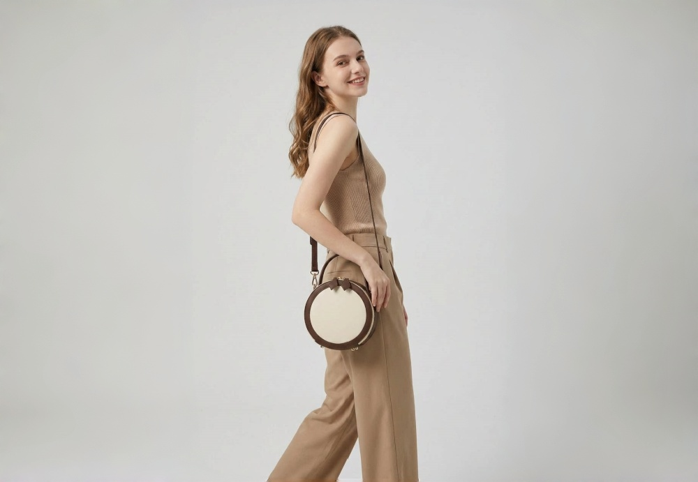 Women's Vintage Two Tone Round Crossbody Bag, Mini Leather Cylindrical Box Handbag With Top Handle And Adjustable Shoulder Strap XK007