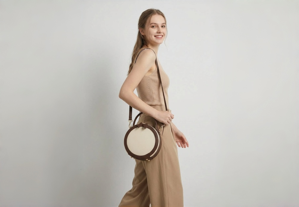 Women's Vintage Two Tone Round Crossbody Bag, Mini Leather Cylindrical Box Handbag With Top Handle And Adjustable Shoulder Strap XK007