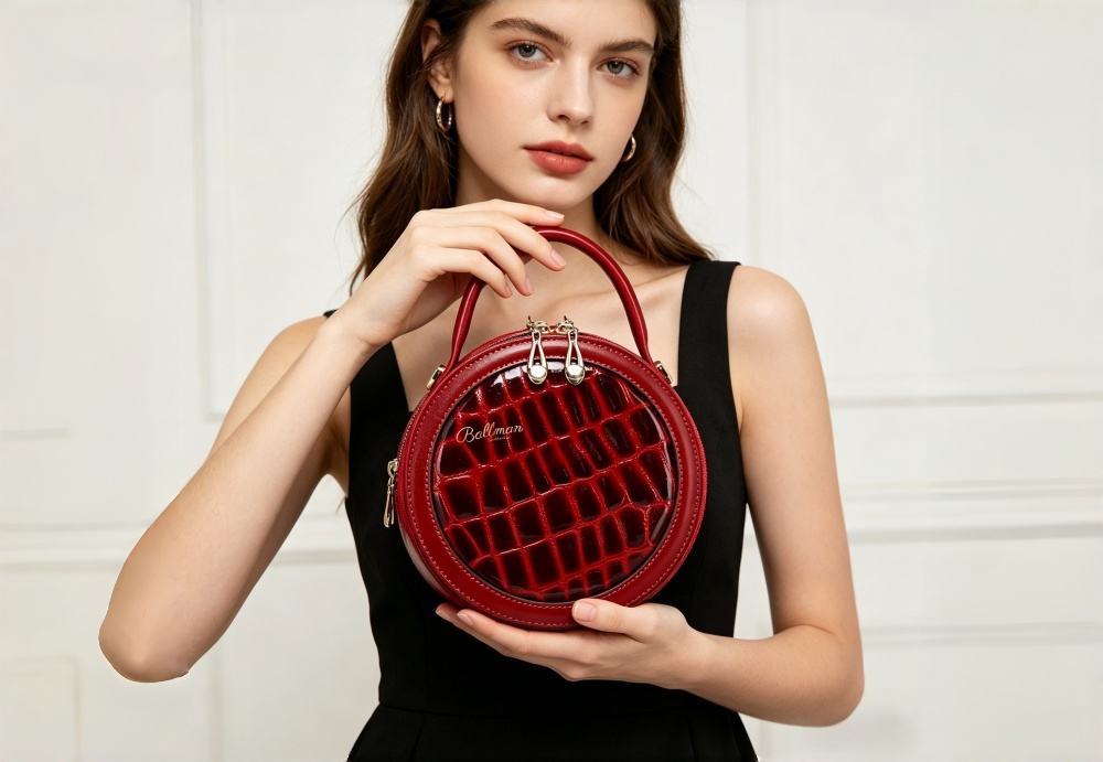 Red Croc Embossed Patent Leather Round Top Handle Crossbody Bag for Women - Elegant Circular Box Purse, Stylish Designer‑Inspired Evening Handbag 9001