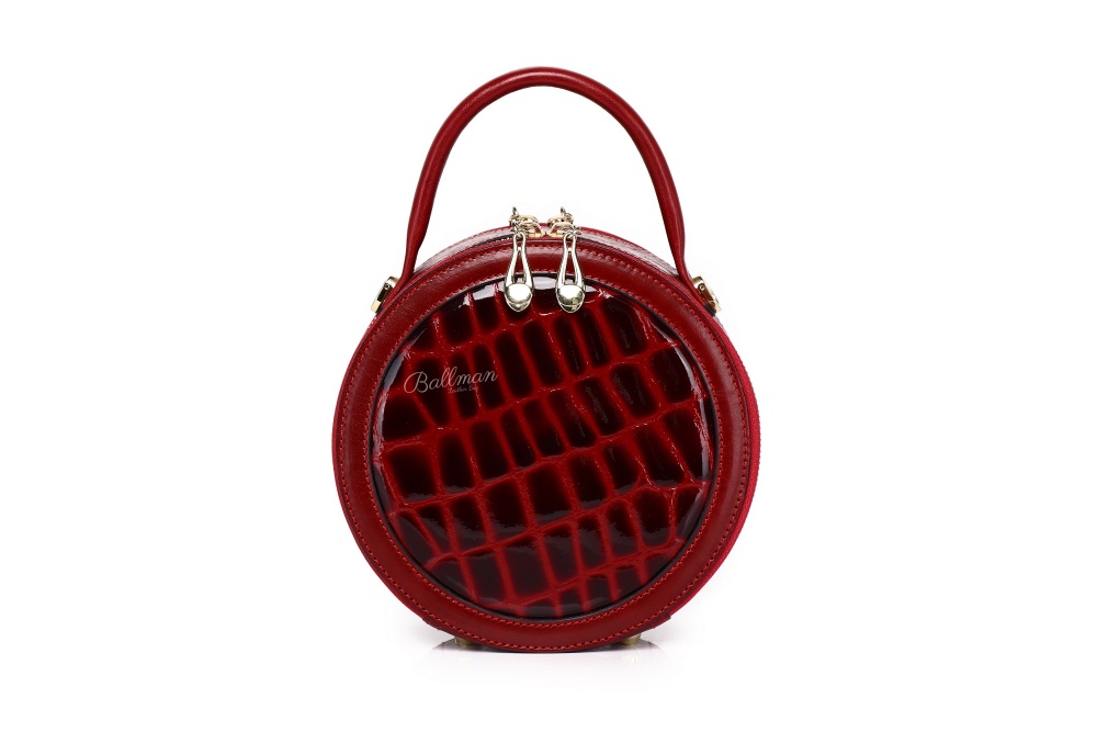 Red Croc Embossed Patent Leather Round Top Handle Crossbody Bag for Women - Elegant Circular Box Purse, Stylish Designer‑Inspired Evening Handbag 9001