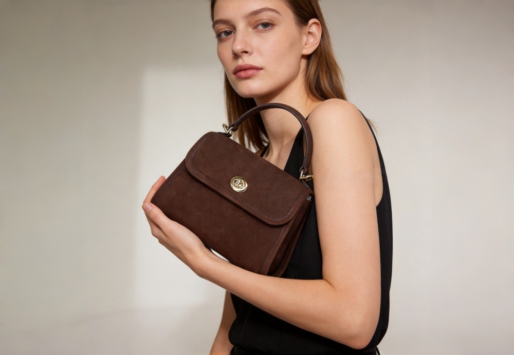 Tan Genuine Leather Top Handle Crossbody Bag for Women - Elegant Saddle Handbag with Gold Turn Lock, Versatile Designer-Inspired Satchel 8108-47