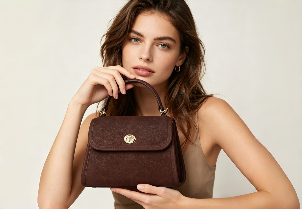 Tan Genuine Leather Top Handle Crossbody Bag for Women - Elegant Saddle Handbag with Gold Turn Lock, Versatile Designer-Inspired Satchel 8108-47
