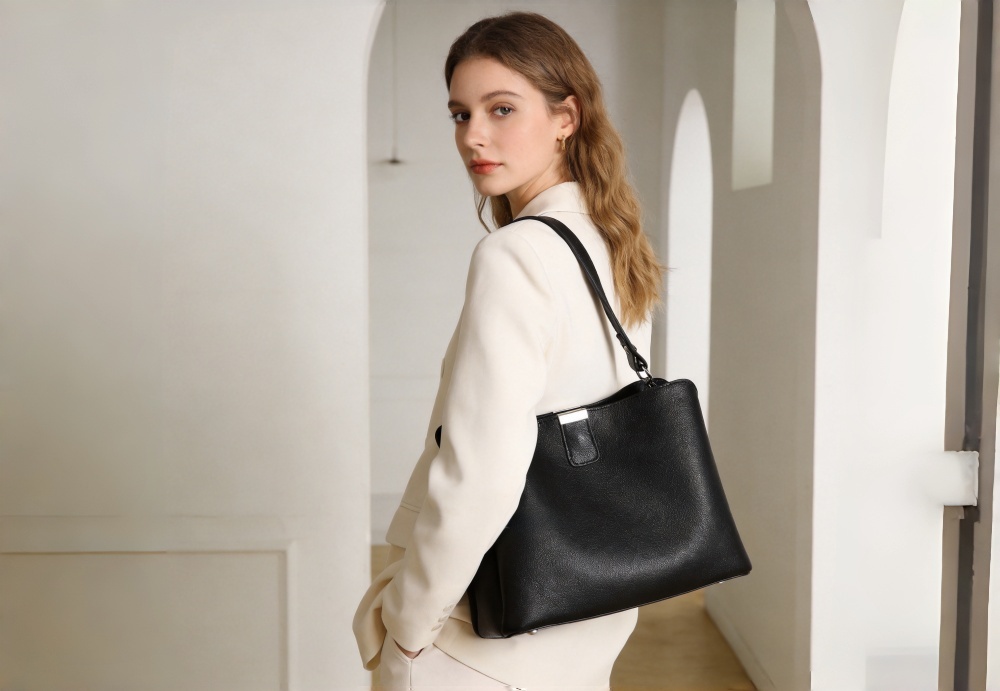 Black Genuine Leather Top Handle Bucket Bag for Women - Elegant Shoulder Tote with Silver Hardware, Versatile Designer-Inspired Handbag 8108-46