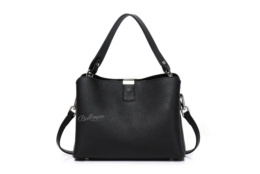 Black Genuine Leather Top Handle Bucket Bag for Women - Elegant Shoulder Tote with Silver Hardware, Versatile Designer-Inspired Handbag 8108-46