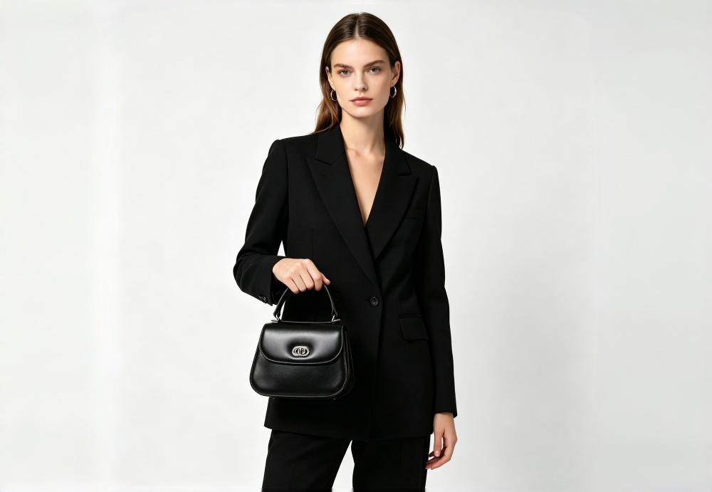 Black Genuine Leather Top Handle Crossbody Bag for Women - Classic Saddle Handbag with Silver Turn Lock, Elegant Designer-Inspired Satchel Bag 8108-36