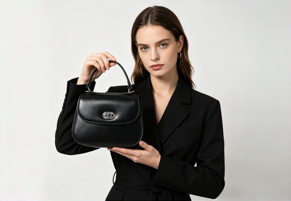 Black Genuine Leather Top Handle Crossbody Bag for Women - Classic Saddle Handbag with Silver Turn Lock, Elegant Designer-Inspired Satchel Bag 8108-36