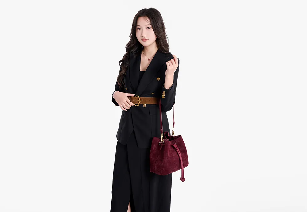 Baliya Genuine Leather Suede Bucket Bag Factory Customizable Multi-Color Women’s Shoulder Purse with Matching Pouch 8108-11#