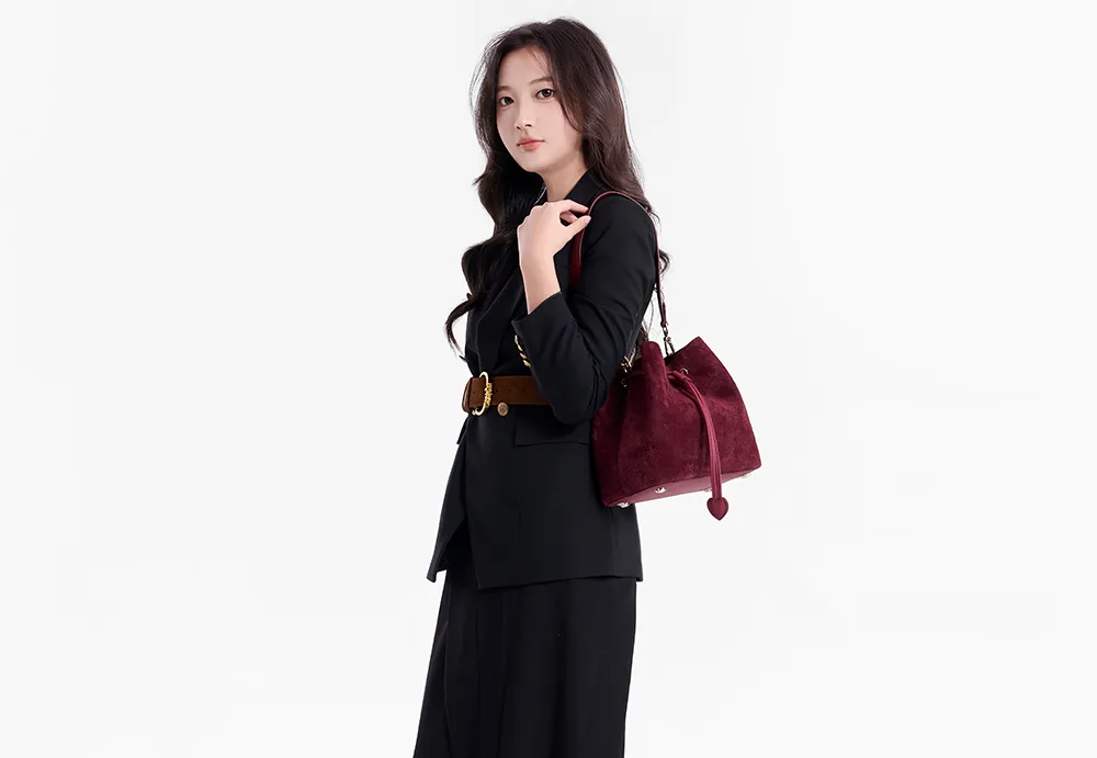 Baliya Genuine Leather Suede Bucket Bag Factory Customizable Multi-Color Women’s Shoulder Purse with Matching Pouch 8108-11#