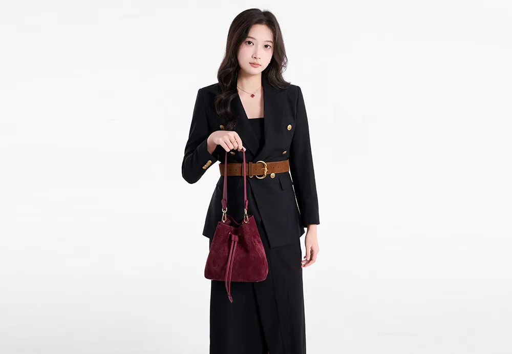 Baliya Genuine Leather Suede Bucket Bag Factory Customizable Multi-Color Women’s Shoulder Purse with Matching Pouch 8108-11#