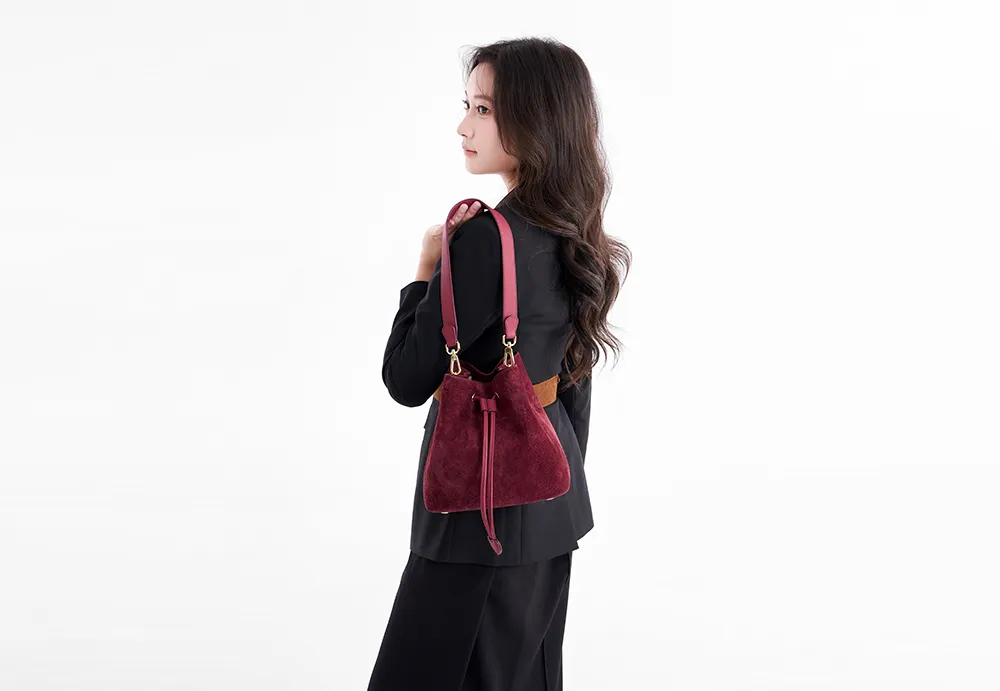 Baliya Genuine Leather Suede Bucket Bag Factory Customizable Multi-Color Women’s Shoulder Purse with Matching Pouch 8108-11#