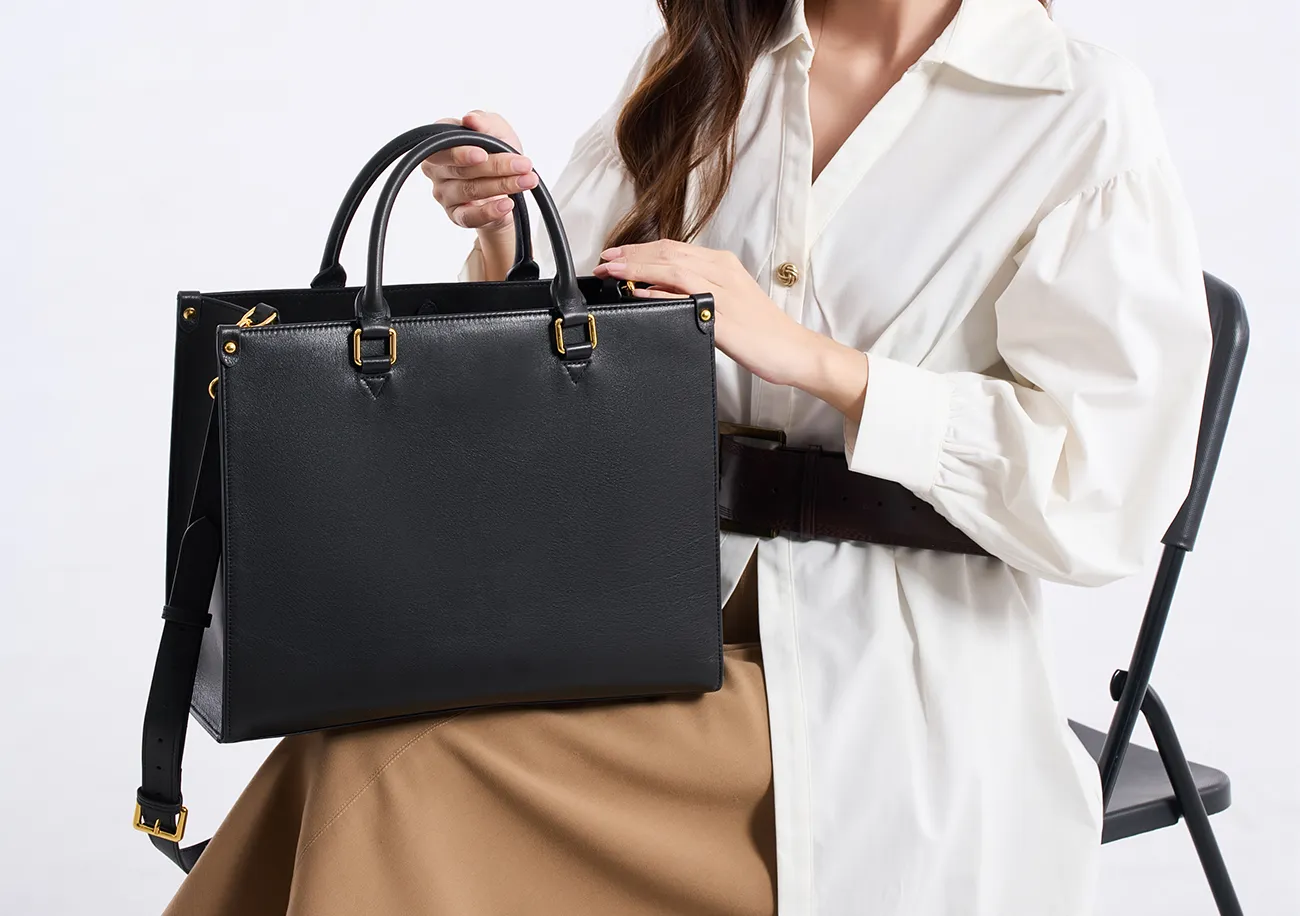 BALIYA Genuine Leather Tote Bag for Women, Large Capacity Black Work Handbag with Gold Hardware, Spacious Shoulder Bag for Office Daily Use