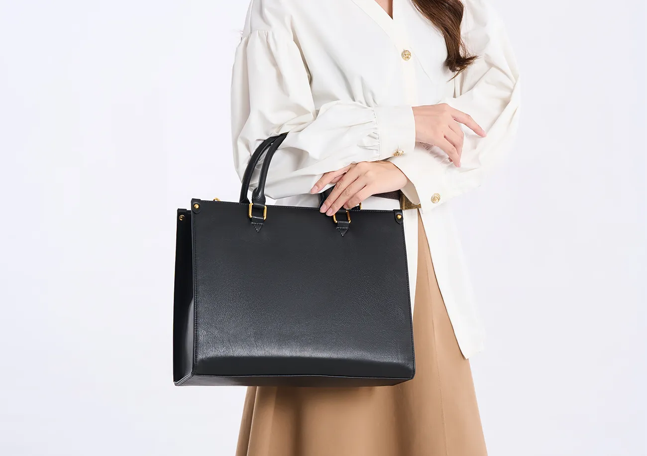 BALIYA Genuine Leather Tote Bag for Women, Large Capacity Black Work Handbag with Gold Hardware, Spacious Shoulder Bag for Office Daily Use