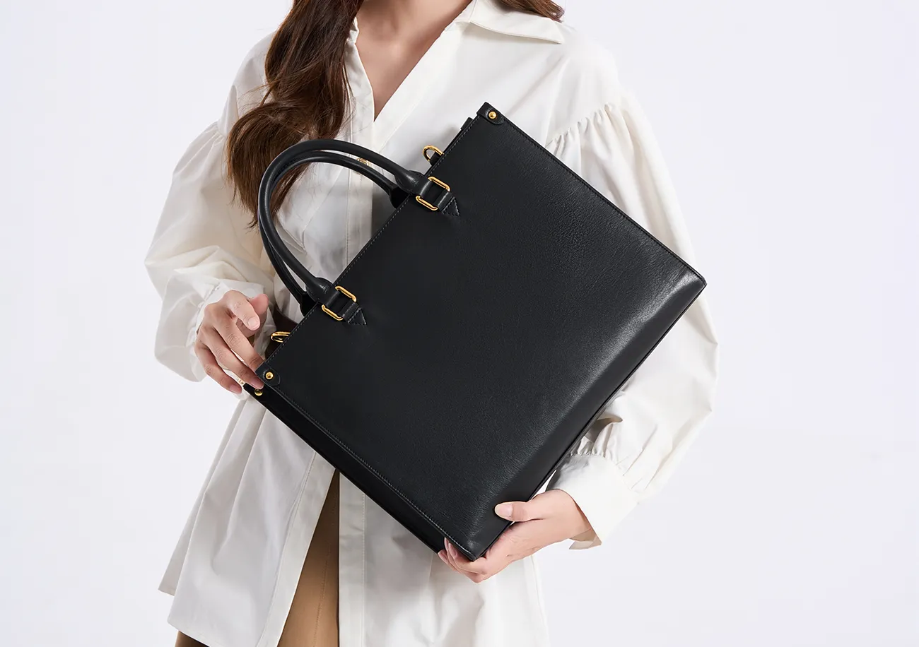 BALIYA Genuine Leather Tote Bag for Women, Large Capacity Black Work Handbag with Gold Hardware, Spacious Shoulder Bag for Office Daily Use