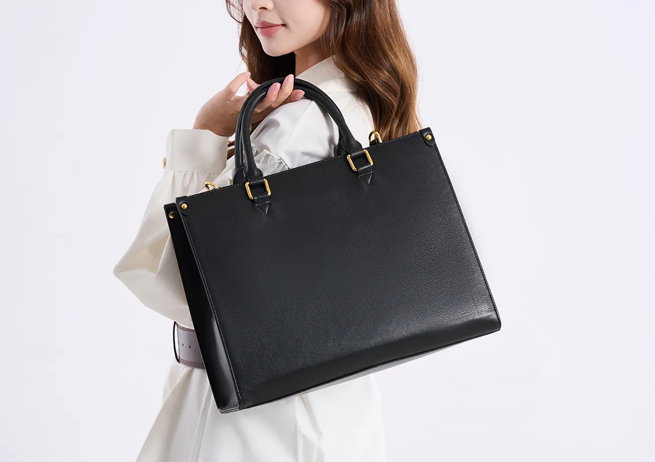 BALIYA Genuine Leather Tote Bag for Women, Large Capacity Black Work Handbag with Gold Hardware, Spacious Shoulder Bag for Office Daily Use