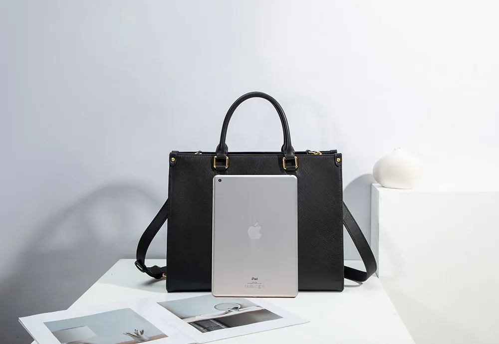 BALIYA Genuine Leather Tote Bag for Women, Large Capacity Black Work Handbag with Gold Hardware, Spacious Shoulder Bag for Office Daily Use