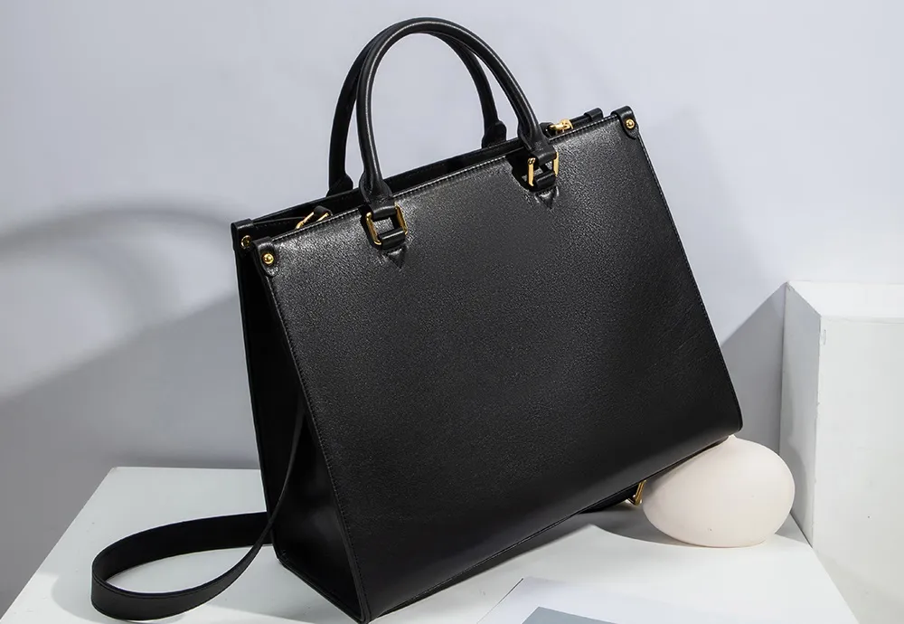 BALIYA Genuine Leather Tote Bag for Women, Large Capacity Black Work Handbag with Gold Hardware, Spacious Shoulder Bag for Office Daily Use