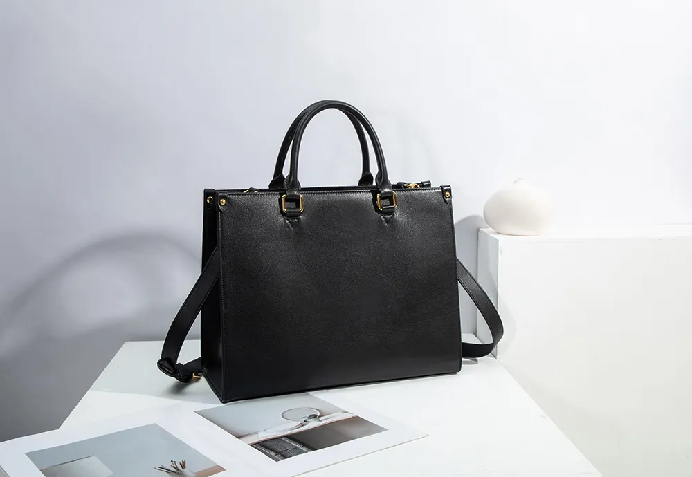 BALIYA Genuine Leather Tote Bag for Women, Large Capacity Black Work Handbag with Gold Hardware, Spacious Shoulder Bag for Office Daily Use