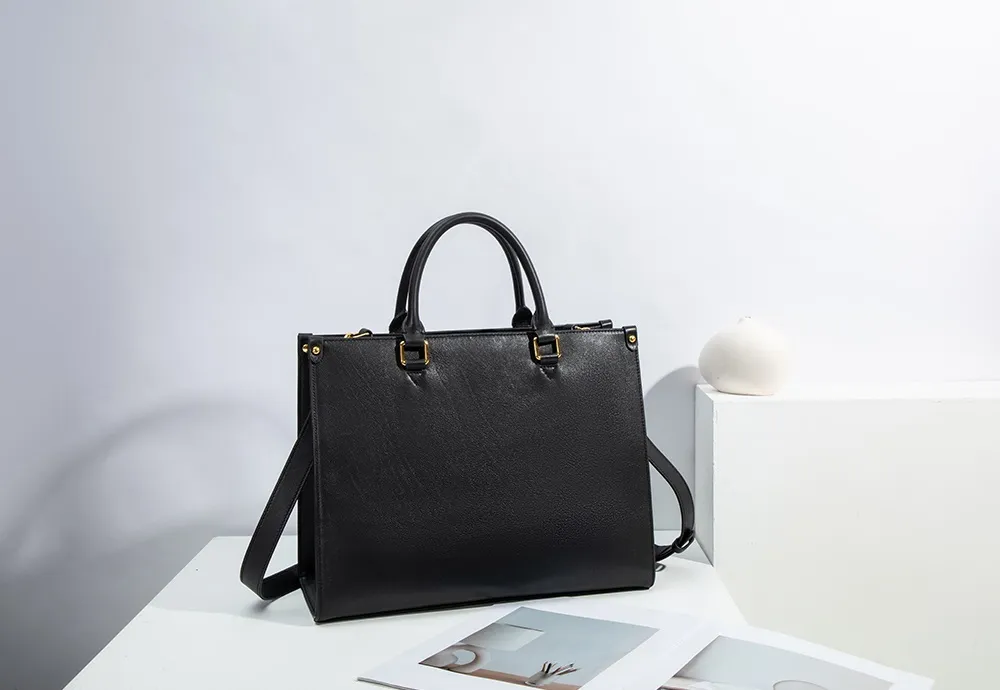 BALIYA Genuine Leather Tote Bag for Women, Large Capacity Black Work Handbag with Gold Hardware, Spacious Shoulder Bag for Office Daily Use