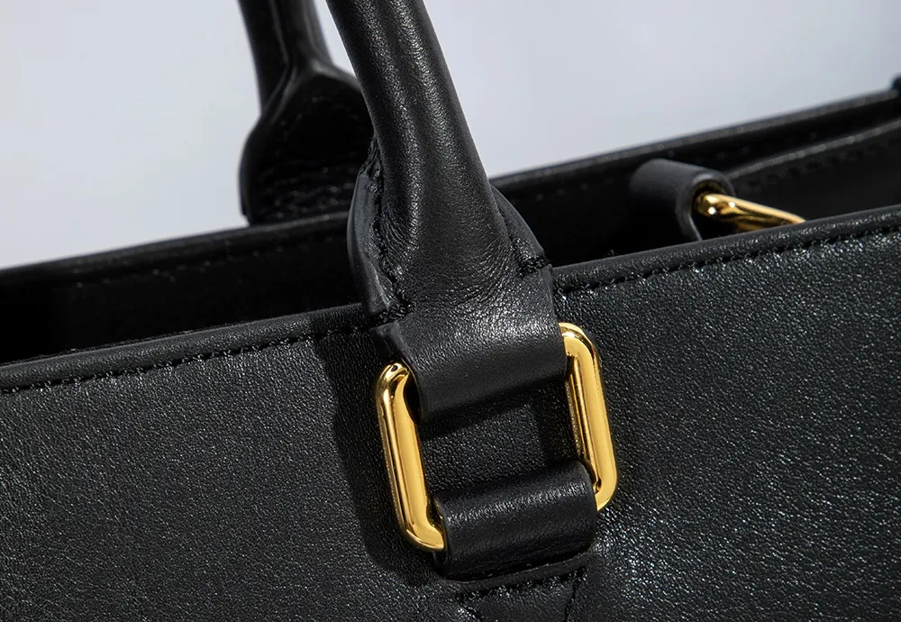 BALIYA Genuine Leather Tote Bag for Women, Large Capacity Black Work Handbag with Gold Hardware, Spacious Shoulder Bag for Office Daily Use