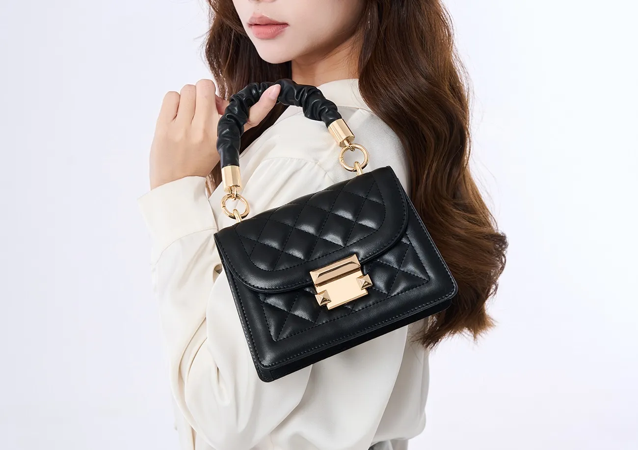 Baliya Diamond Pattern Pleated Handle Chain Bag Fashionable Metal Buckle Handbag