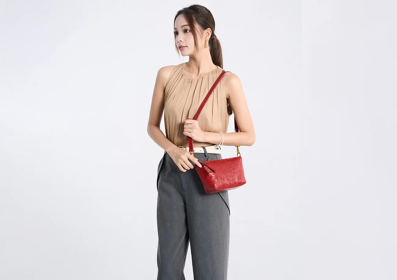 Baliya H98037 Red Leather Shoulder Bag First Layer Leather Crossbody Bags Women