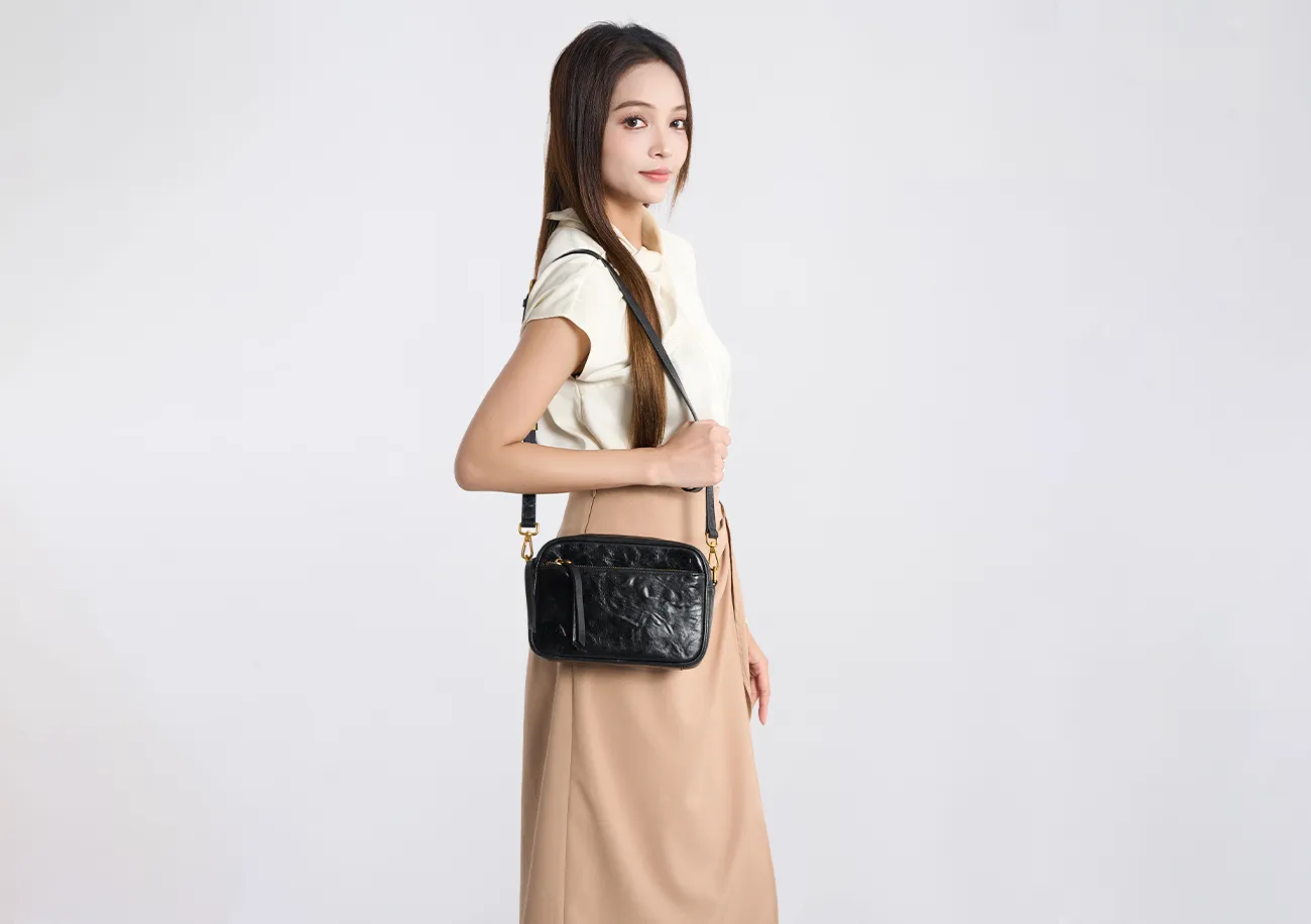 Baliya H98038 Factory Custom Ladies Black Leather Shoulder Bag Wrinkled Genuine Leather Square Handbag