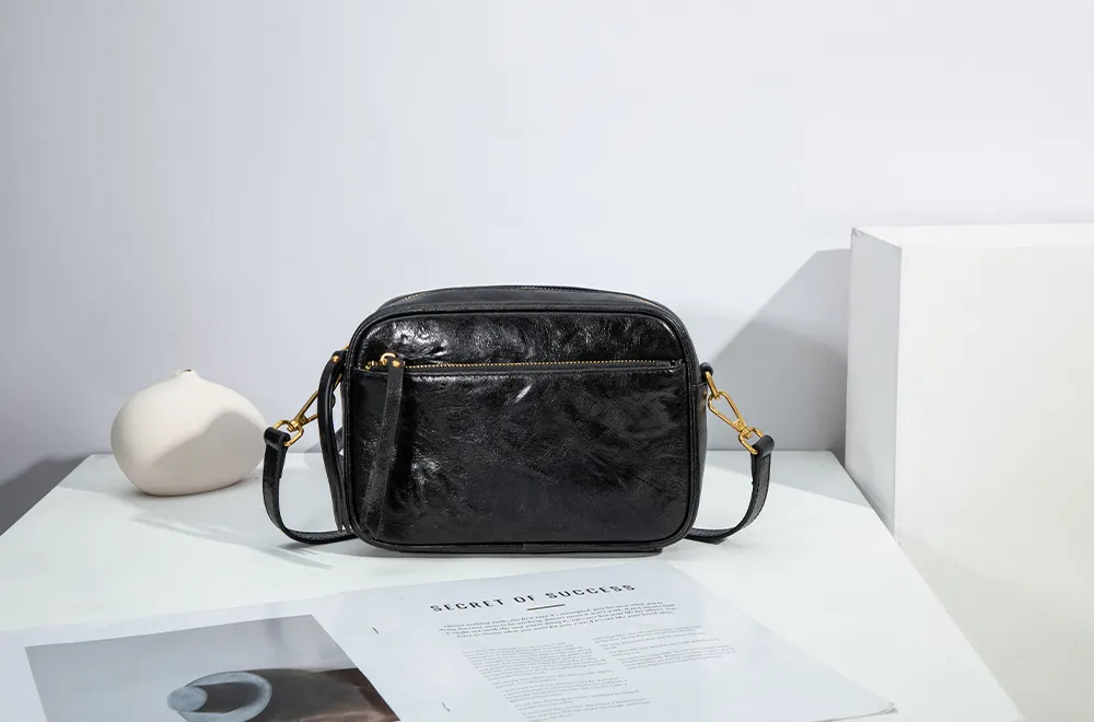 Baliya H98038 Factory Custom Ladies Black Leather Shoulder Bag Wrinkled Genuine Leather Square Handbag