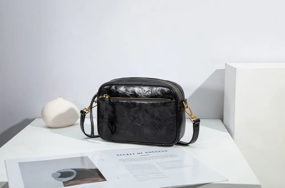 Baliya H98038 Factory Custom Ladies Black Leather Shoulder Bag Wrinkled Genuine Leather Square Handbag